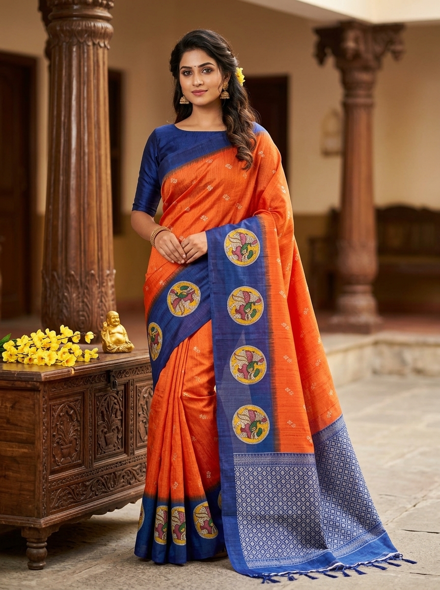 Traditional Temple FANCY PRINT SOFT COTTON SAREES - Orange & Royal Blue