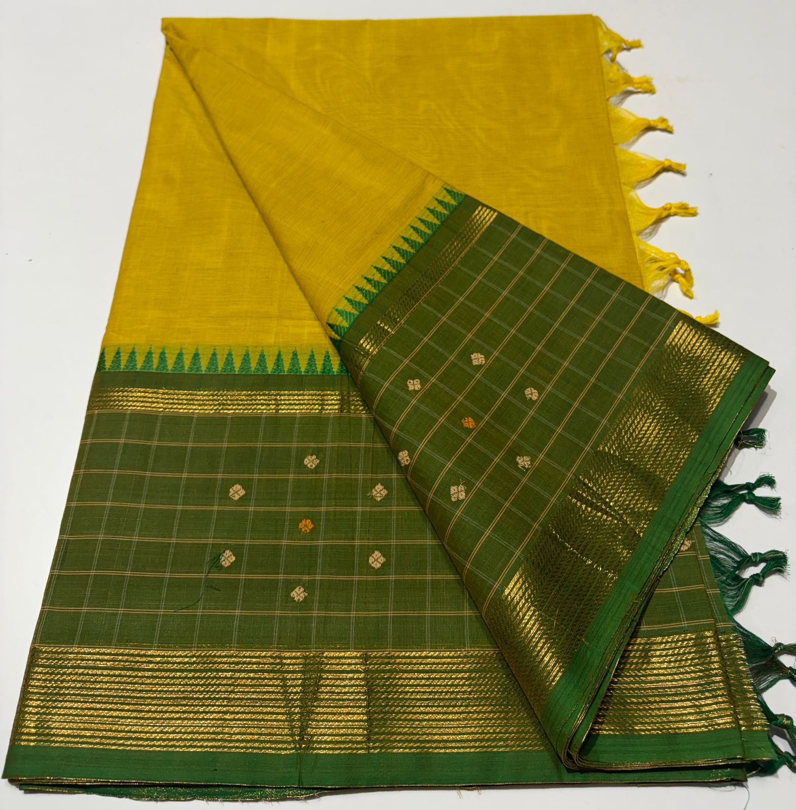 Mustard Yellow Checked Pure Kanchipuram Silk Saree