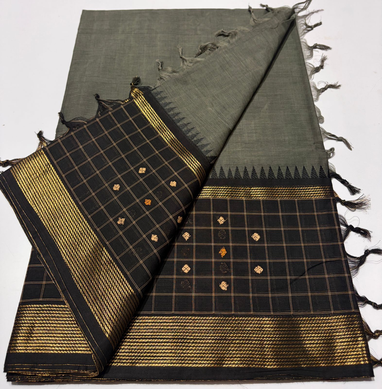 Mustard Yellow Checked Pure Kanchipuram Silk Saree
