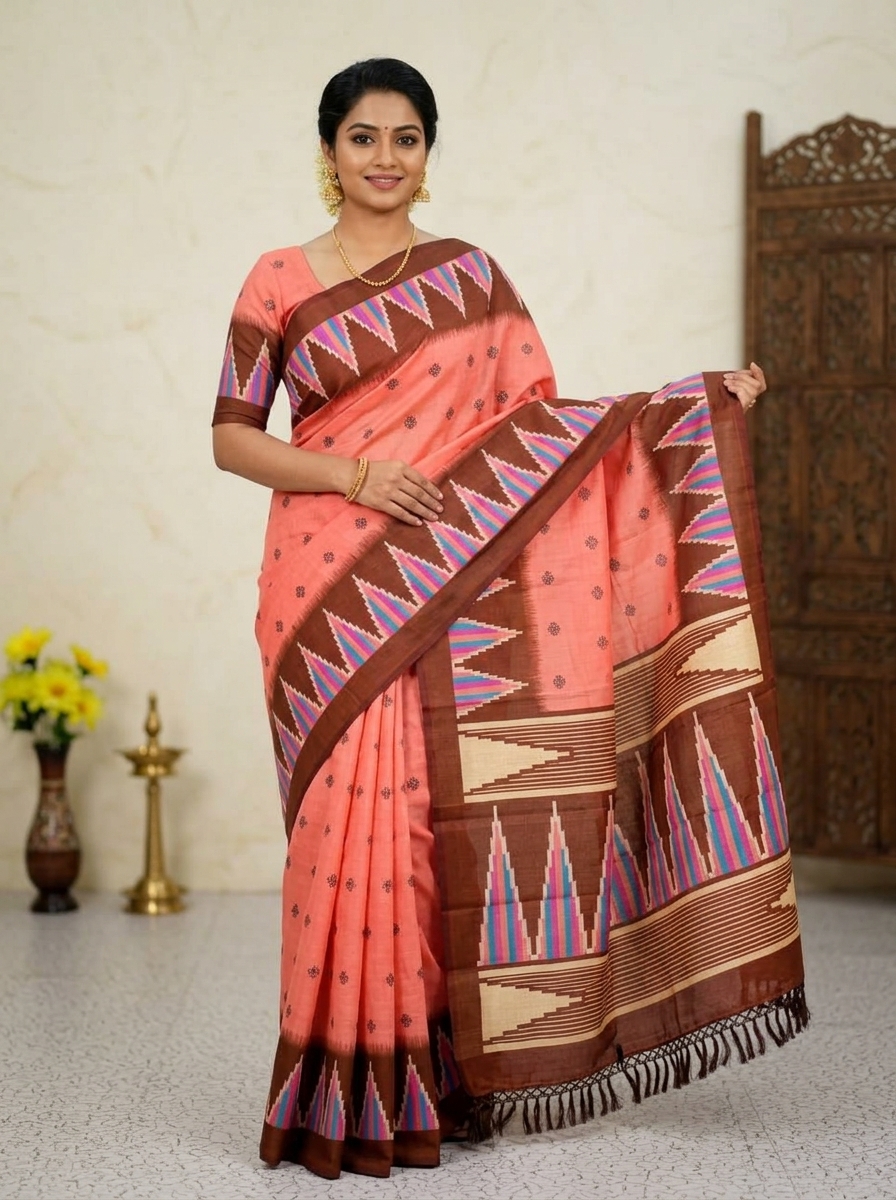 Tribal Geometric SOFT COTTON SAREES - Peach Pink & Coffee Brown