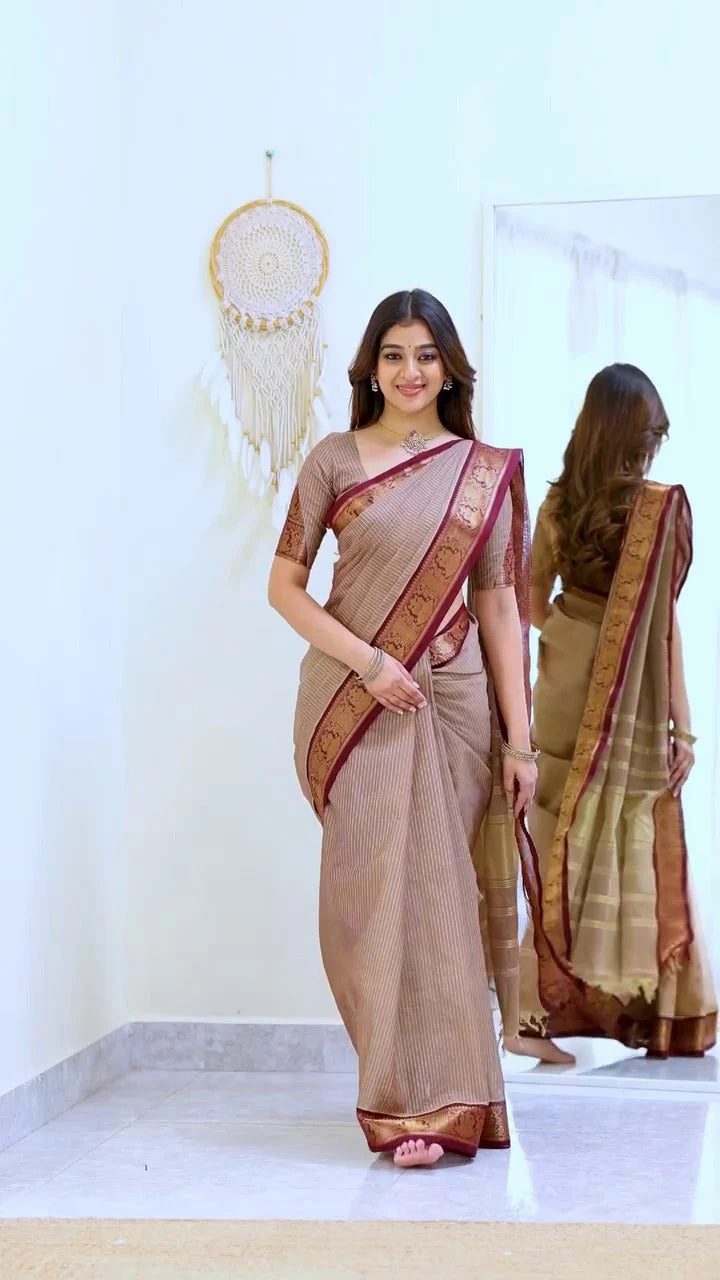 Taupe Beige and Maroon Border Chettinad Cotton Saree