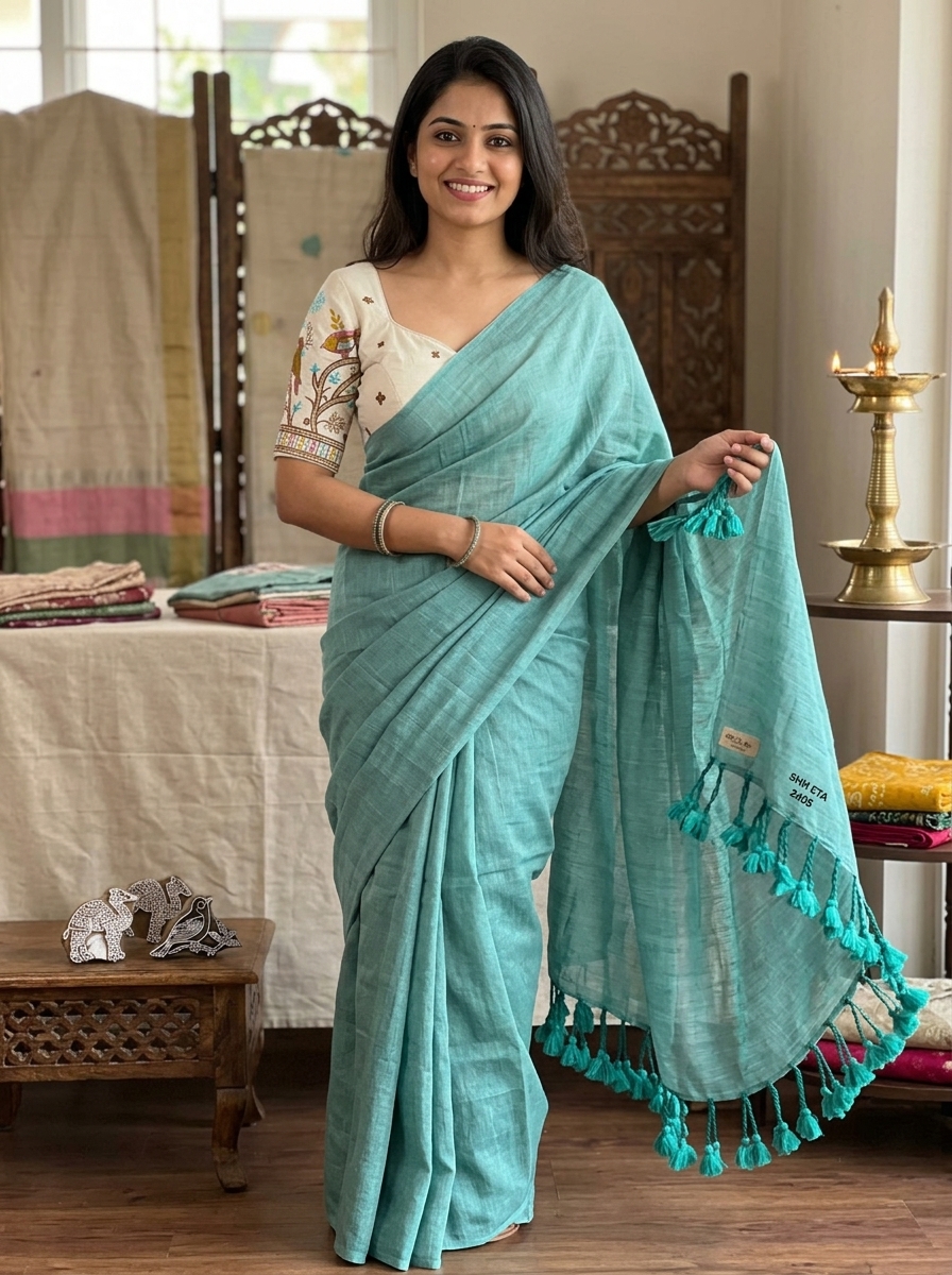 Plain Linen Cotton Handloom Saree with Tassels