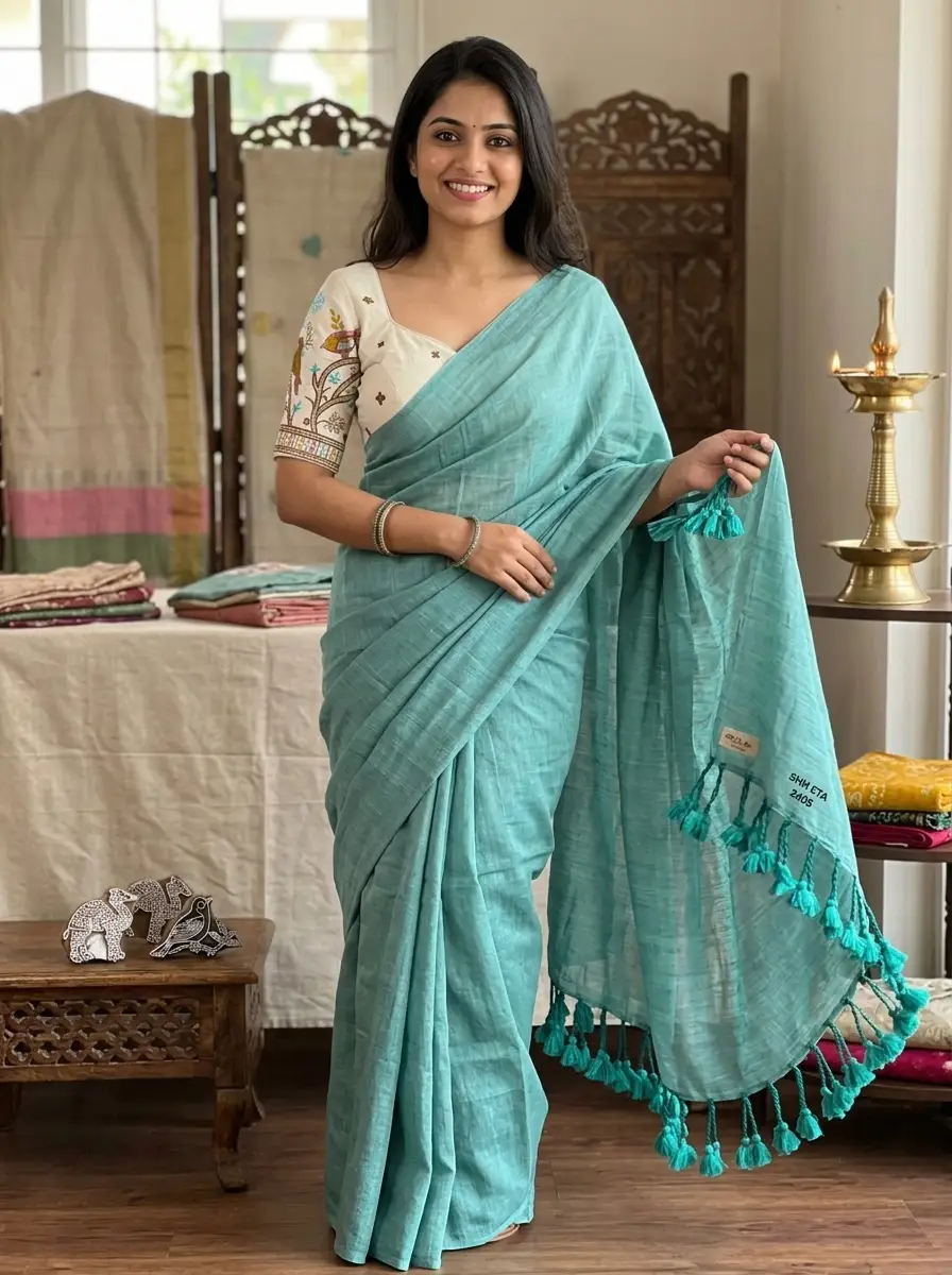 Plain Linen Cotton Handloom Saree with Tassels