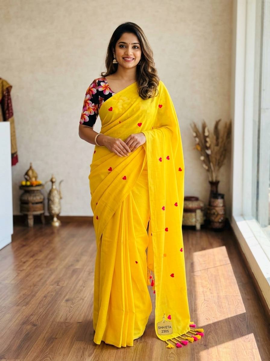 Heart Embroidery Mul Cotton Handloom Saree