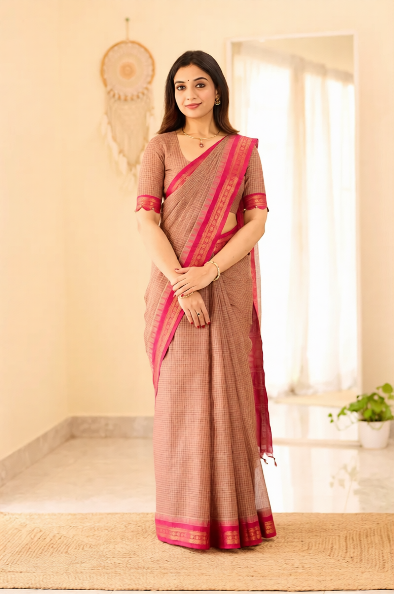 Muted Cocoa brown Chettinad Cotton with Rani Pink Border