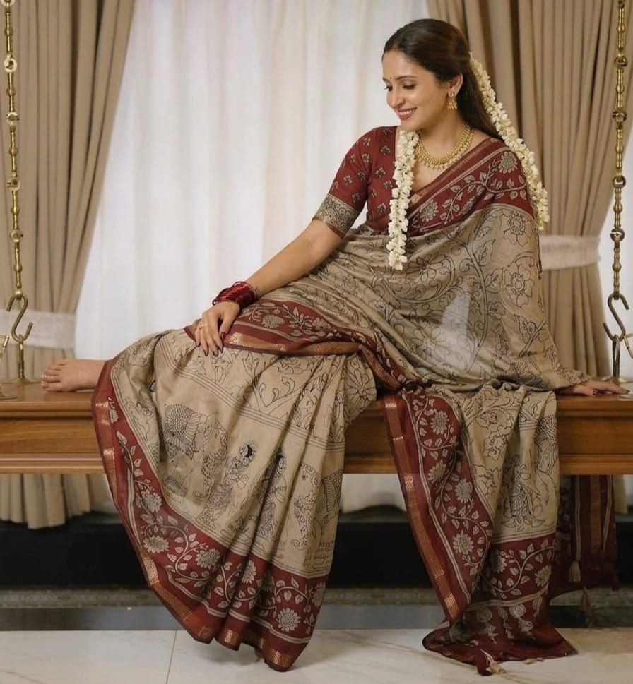 Heritage Kalamkari Mul Mul Cotton Saree - Brick Red