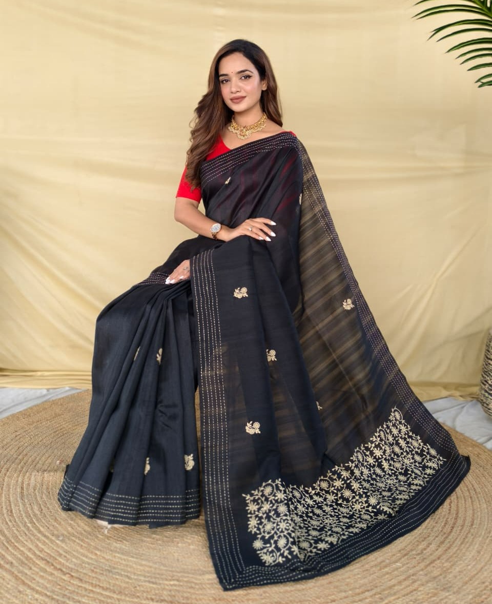 Pure Single - Tone Black Matka Silk Saree