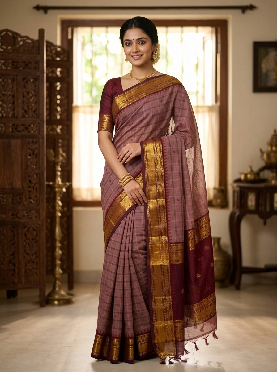 Chettinad Mangalagiri Cotton Saree with temple border Silks