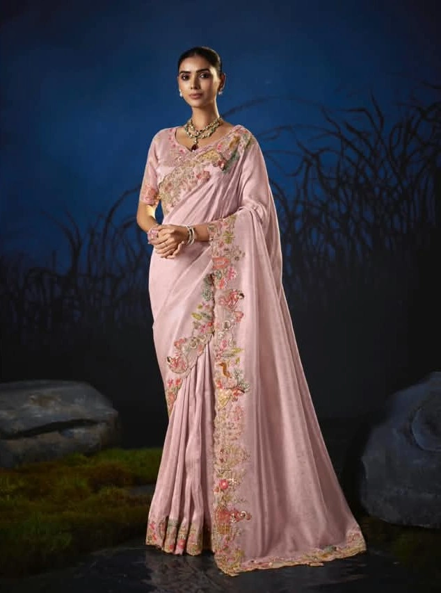 Soft Pastel Pink Anaara Pure Viscose Zari Tissue Embellished Saree