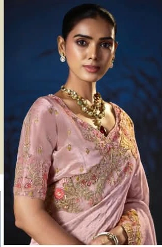 Soft Pastel Pink Anaara Pure Viscose Zari Tissue Embellished Saree