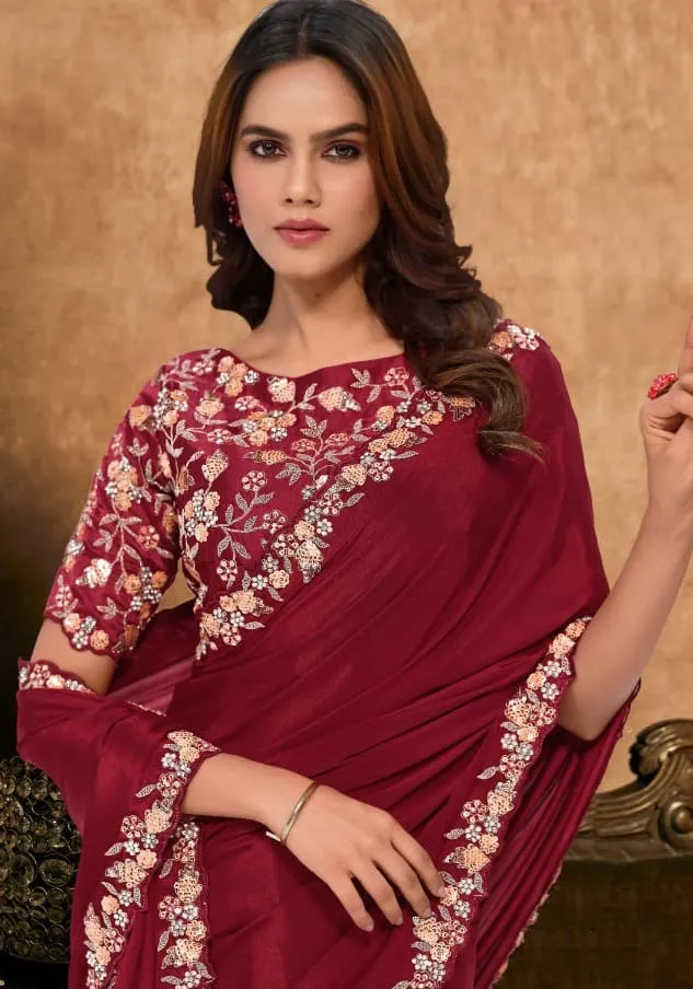 Designer Party Wear Saree – Maroon Red