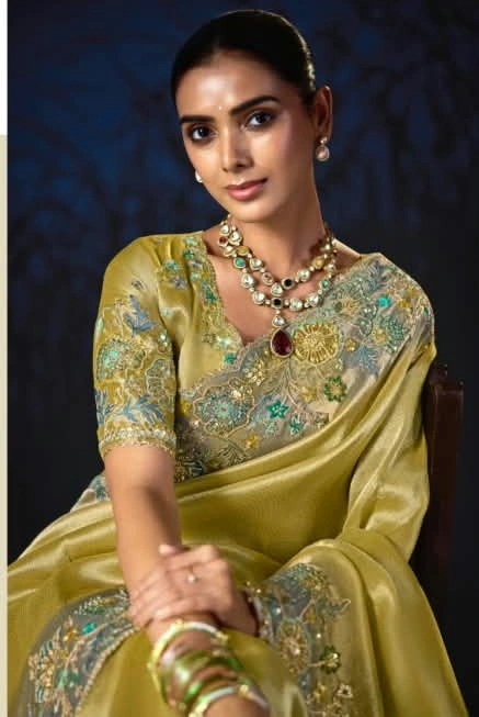 Olive Green Anaara Pure Viscose Zari Tissue Embellished Saree