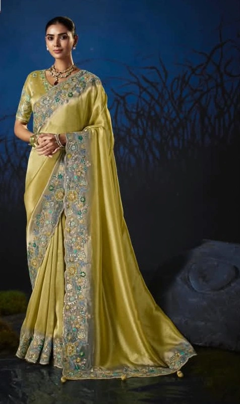 Olive Green Anaara Pure Viscose Zari Tissue Embellished Saree