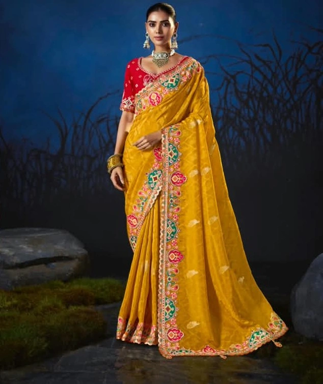 Vibrant Mustard Yellow Anaara Pure Viscose Zari Tissue Embellished Saree