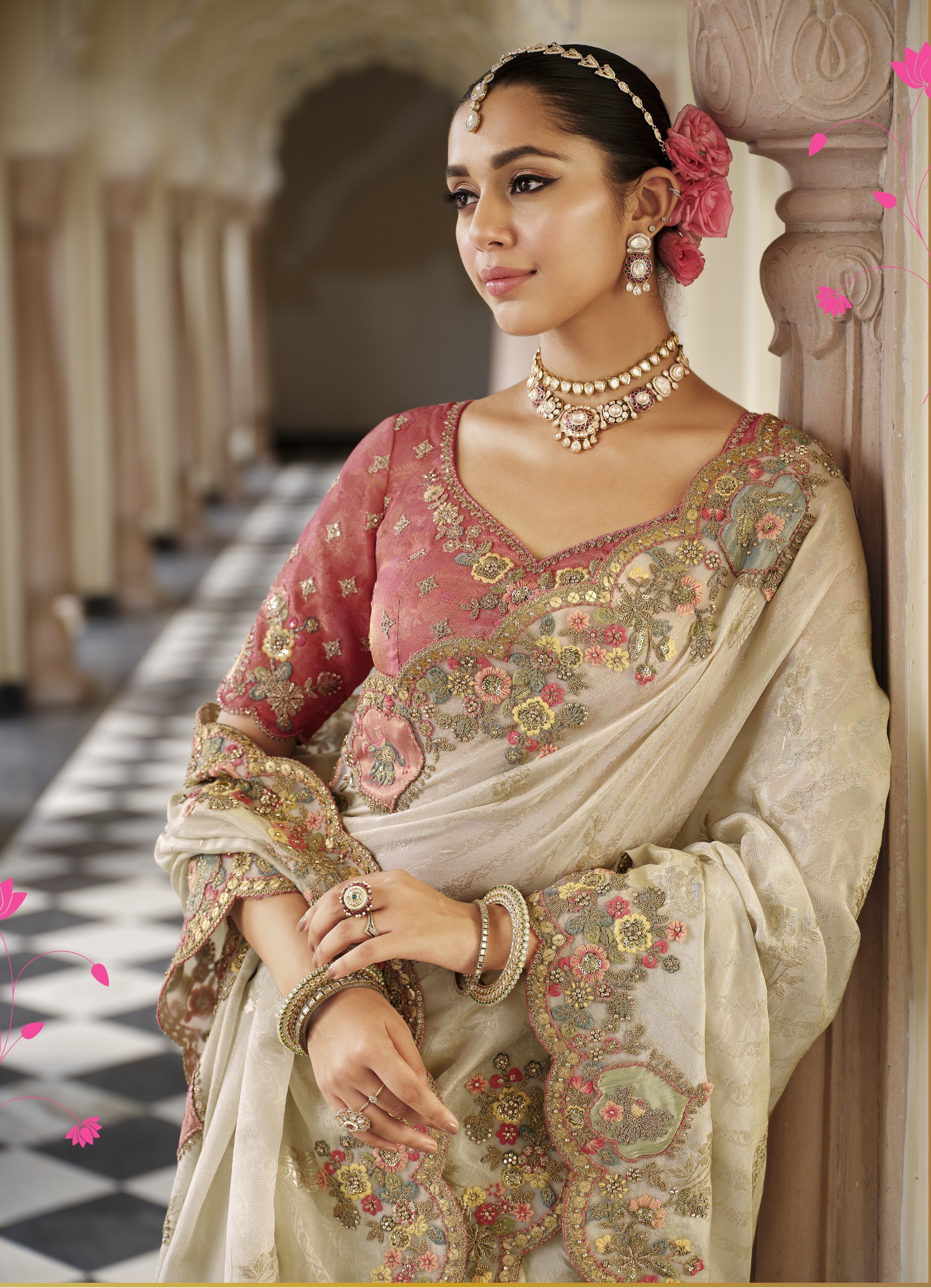 Ivory Bloom Jacquard Designer Saree