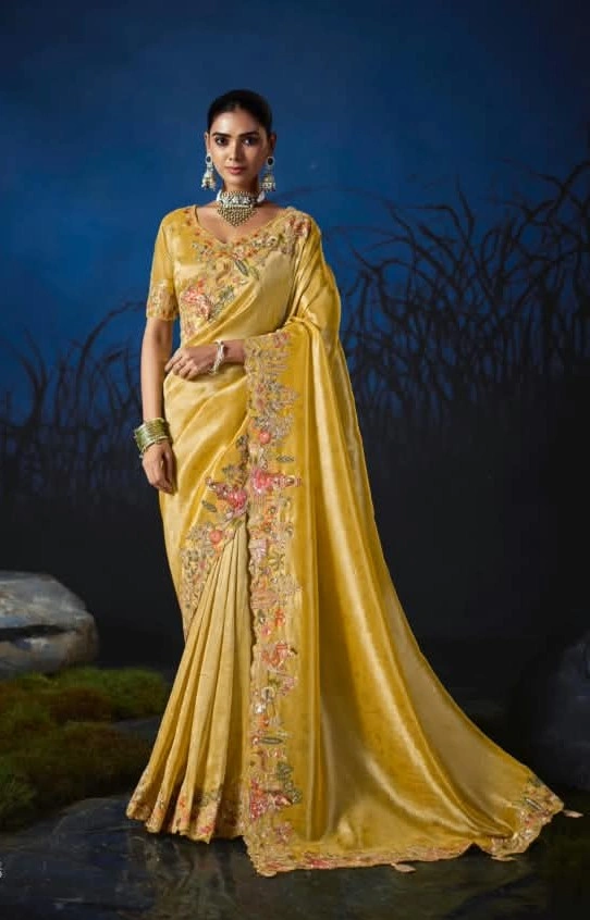 Golden Yellow Anaara Pure Viscose Zari Tissue Embellished Saree