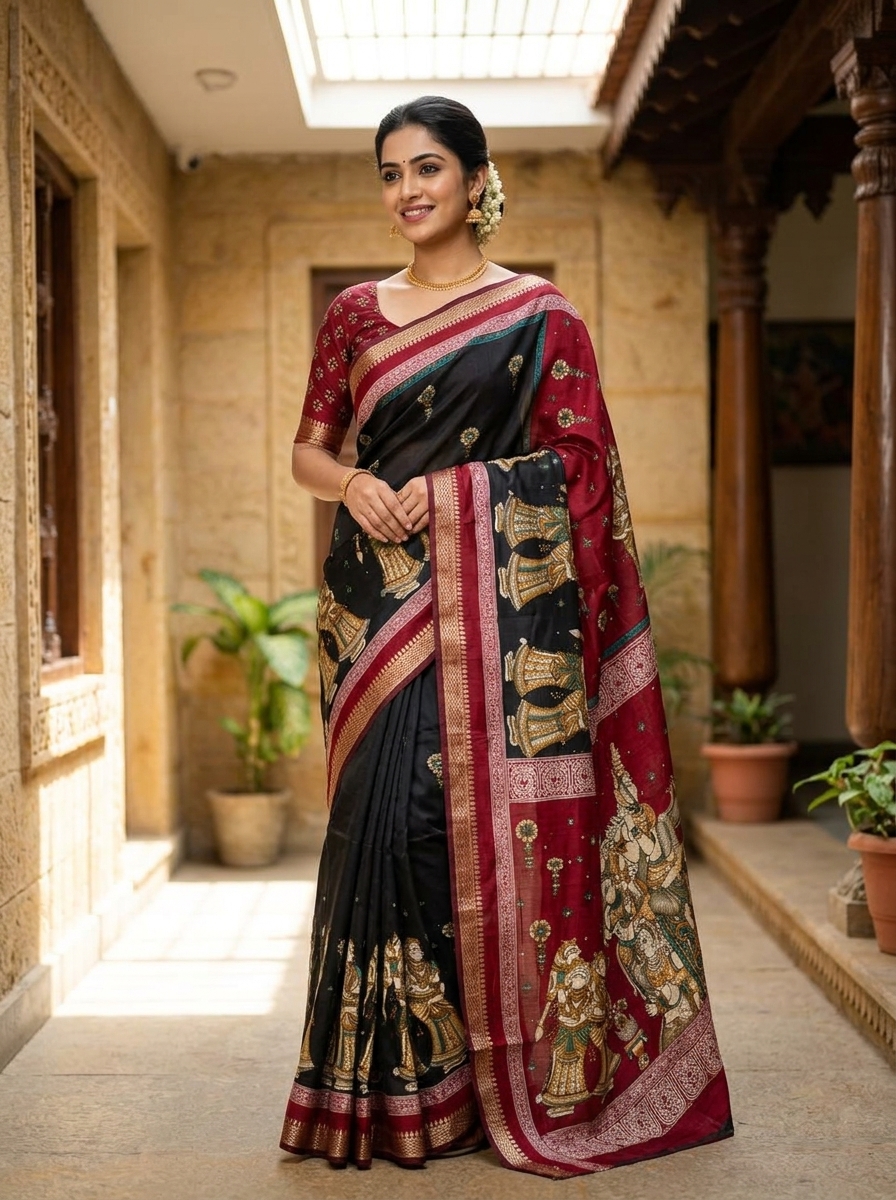 Premium Maheshwari Silk Saree with Kalamkari Printed Pallu and Zari Woven Border