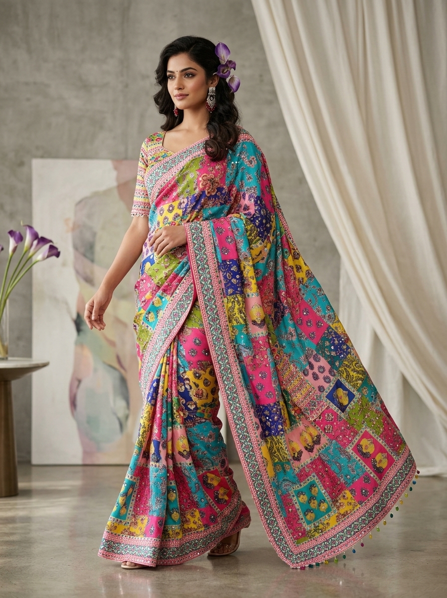 Multicolor Patchwork Print Soft Chinon Designer Saree