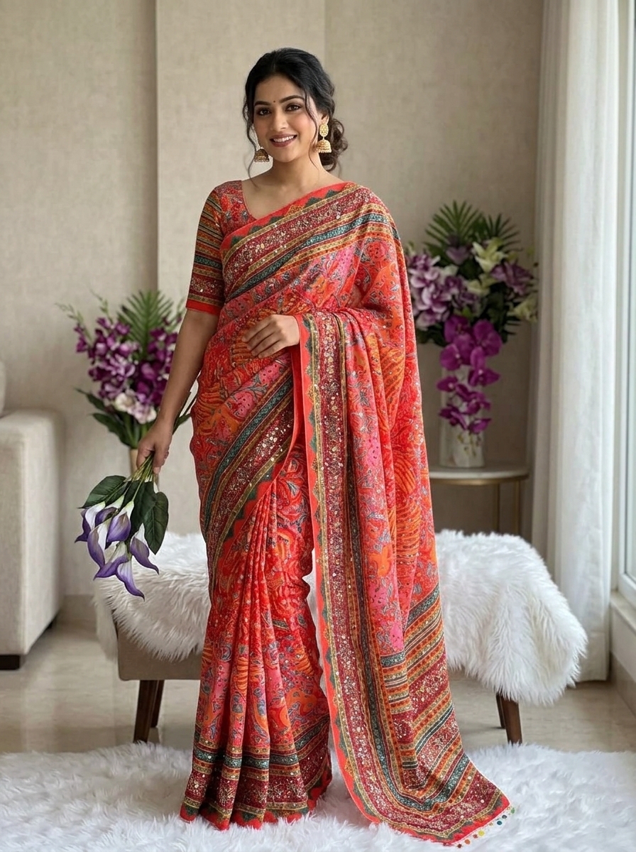 Peach Salmon Soft Crepe Silk Digital Patola-Pashmina Print Saree