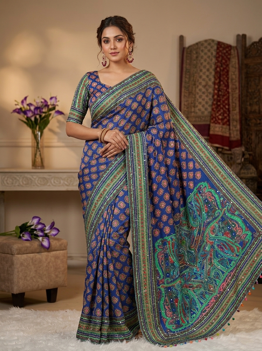 Royal Blue Soft Crepe Silk Digital Bandhani-Kalamkari Print Saree