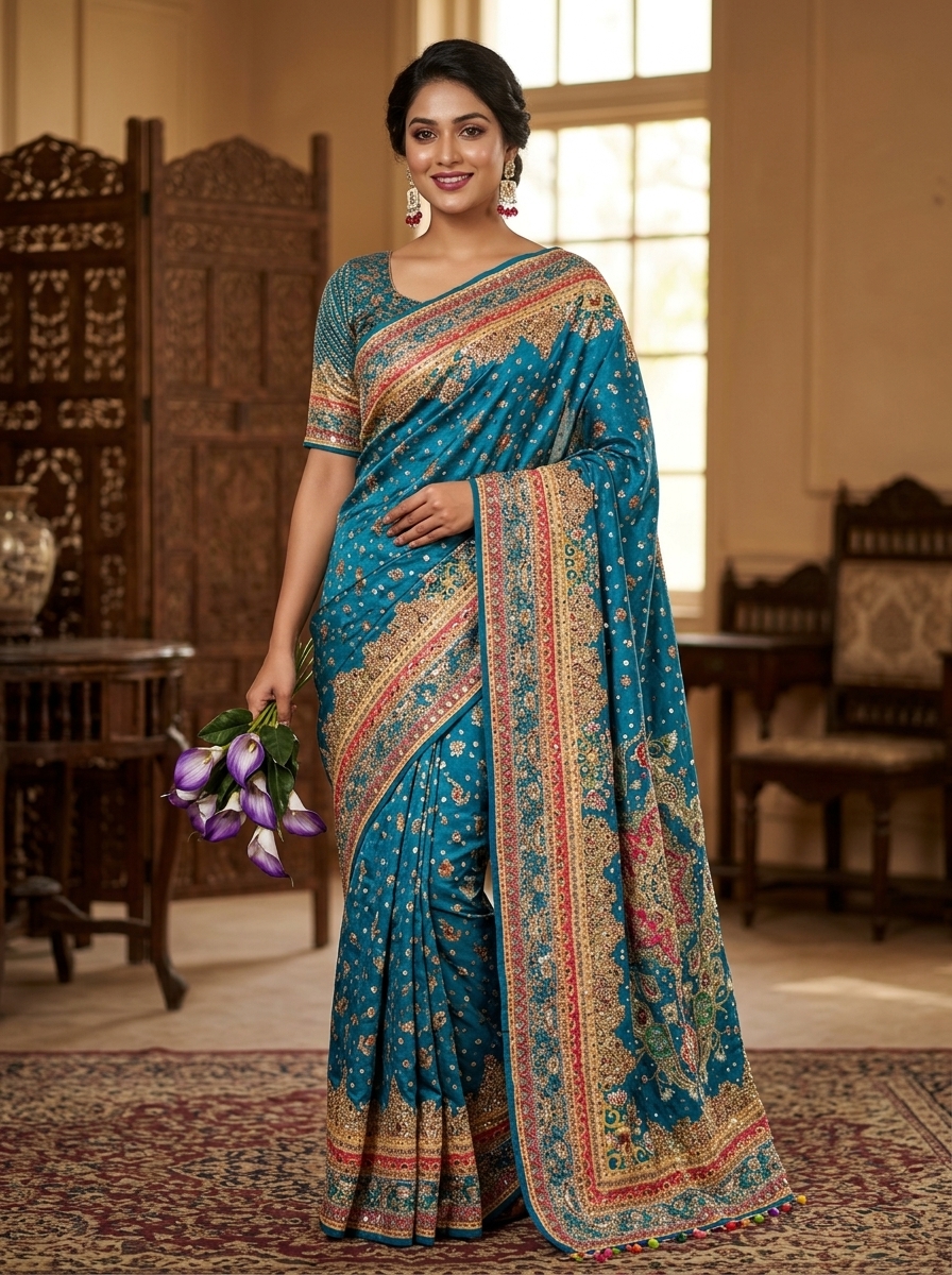 Peacock Blue Soft Crepe Silk Digital Floral Print Saree