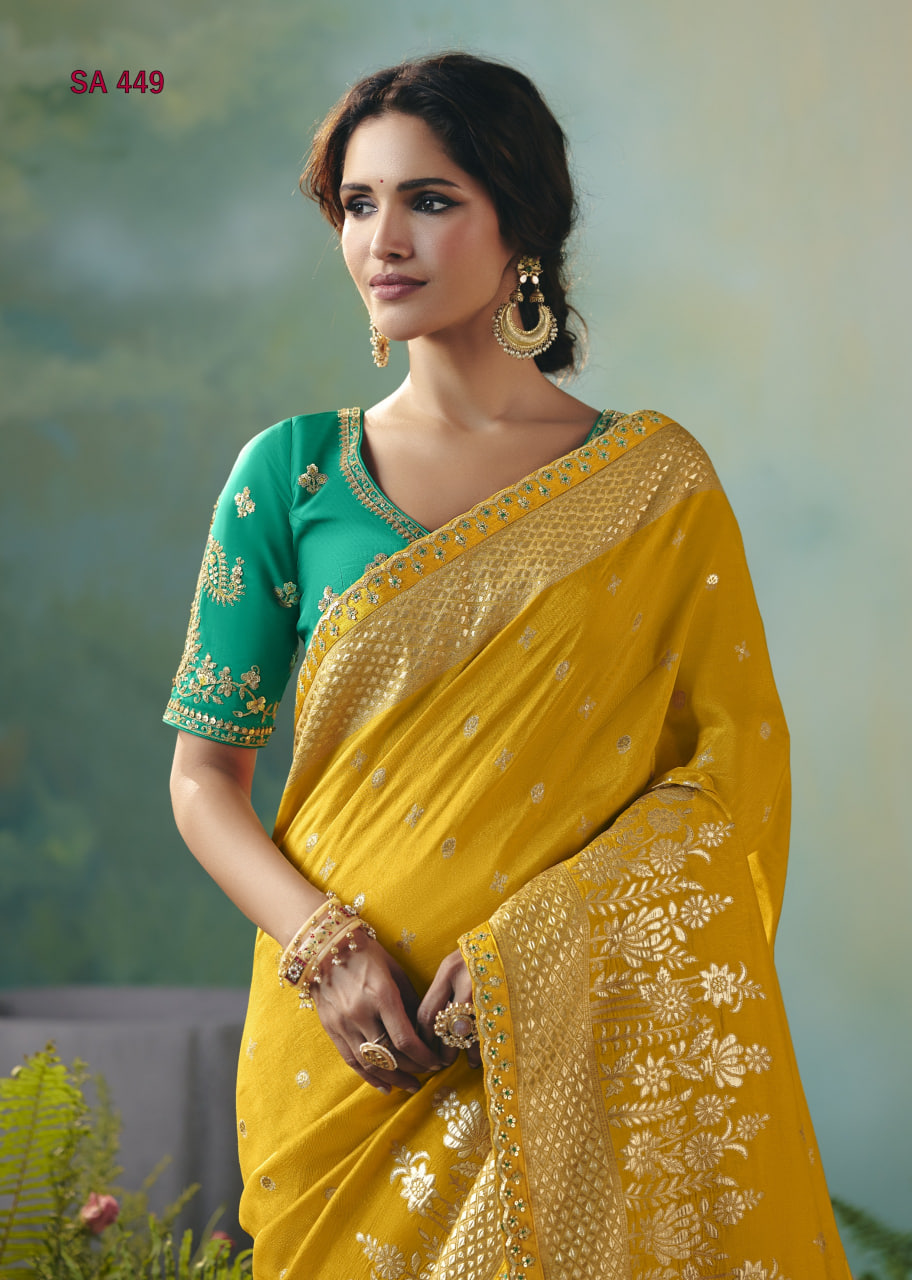 Mustard Yellow Ethnic Saree – Mustard Yellow & Green