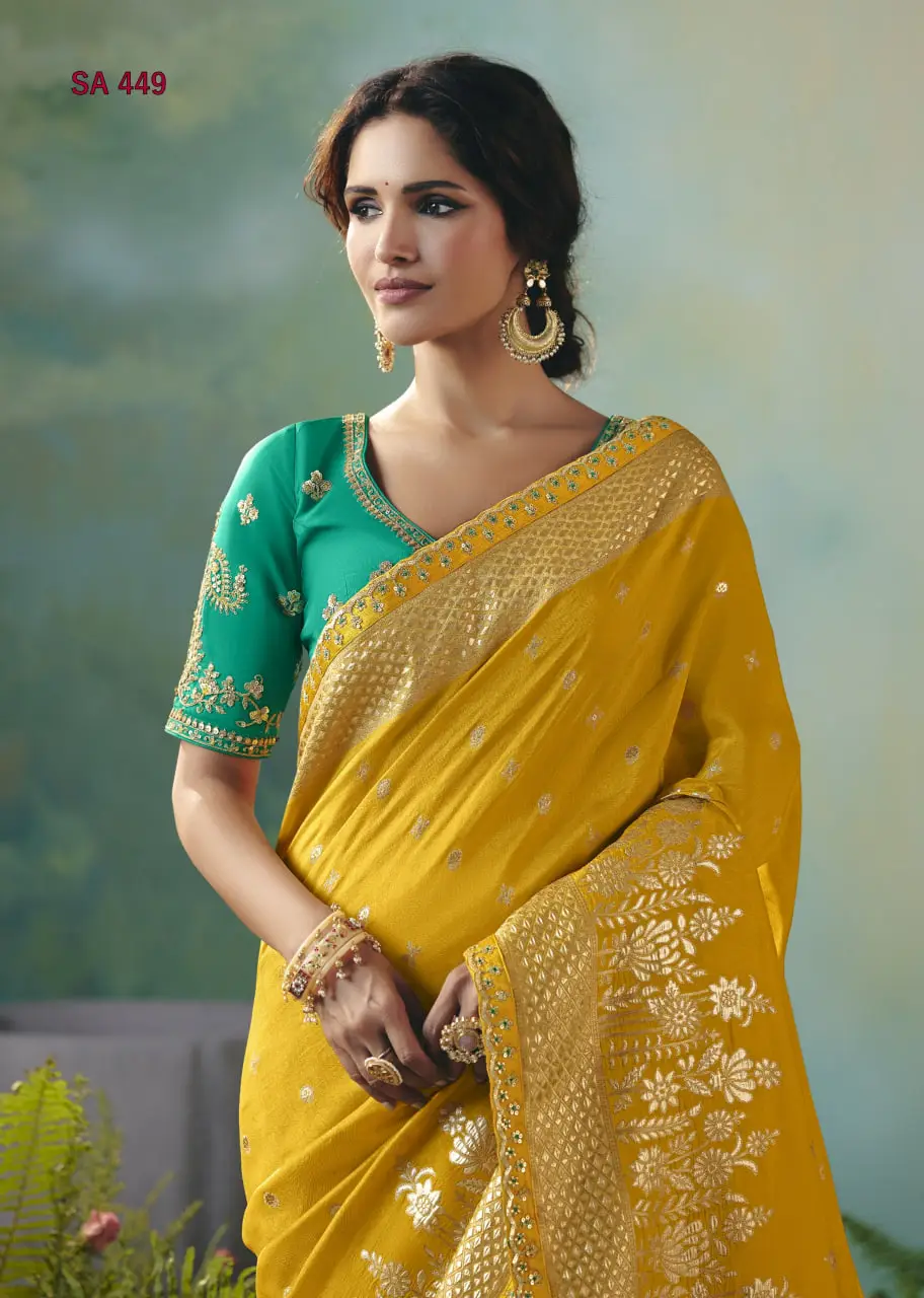 Mustard Yellow Ethnic Saree – Mustard Yellow & Green
