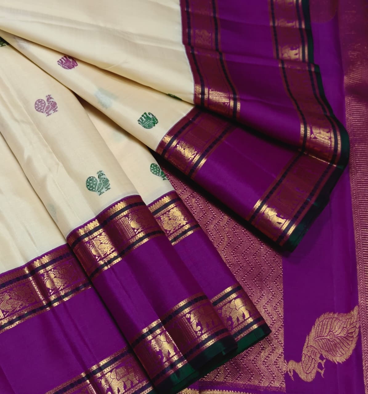 Cream & Purple Annam Zari Kanchipuram Saree