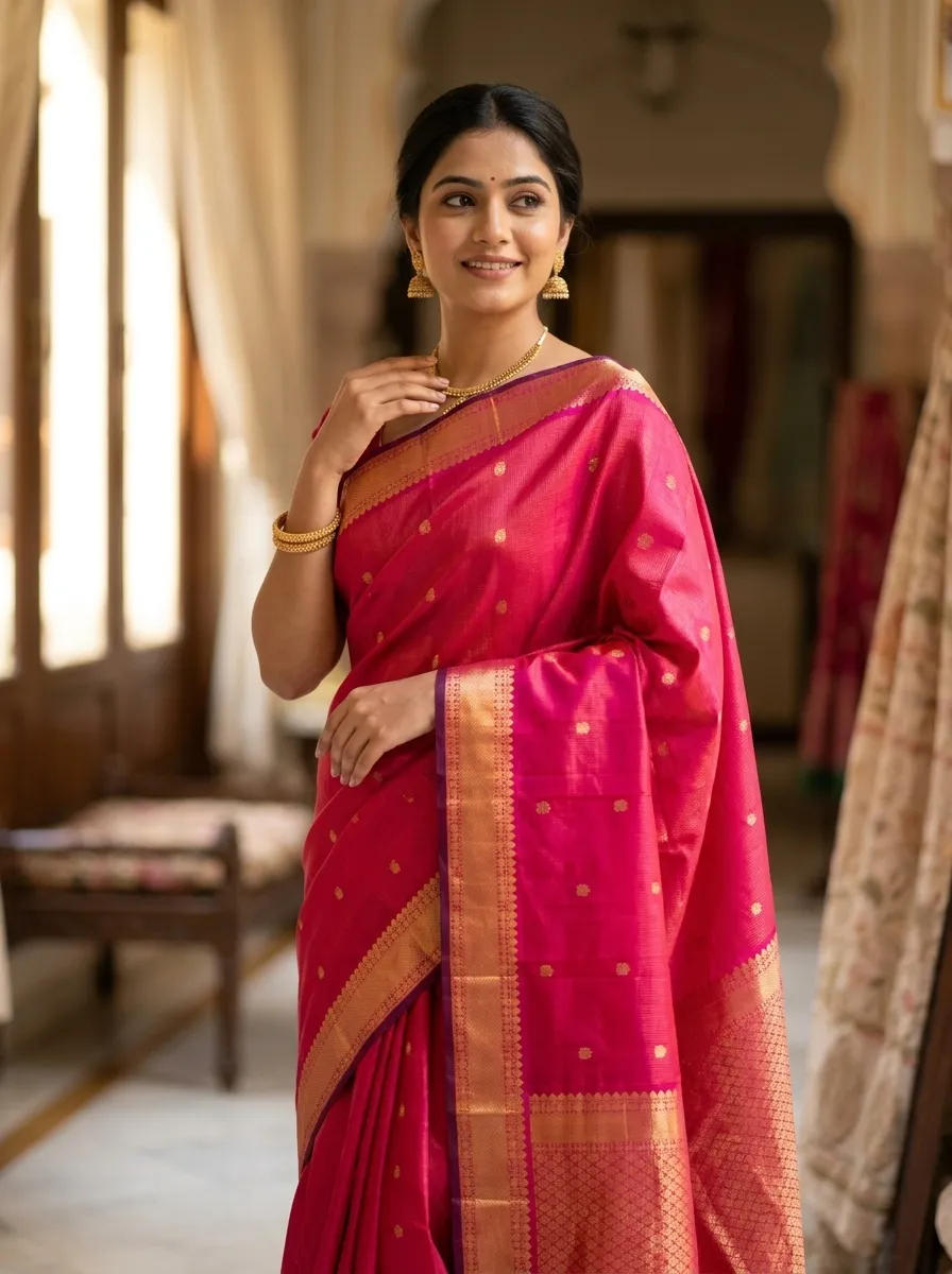 Royal Pink Kanchipuram Silk Saree with Traditional Gold Zari Border