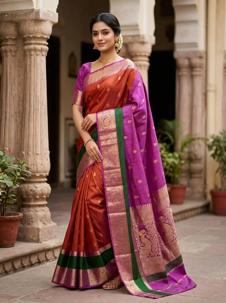Silk Cotton Temple Border Deep Purple & Wine with Golden Zari
