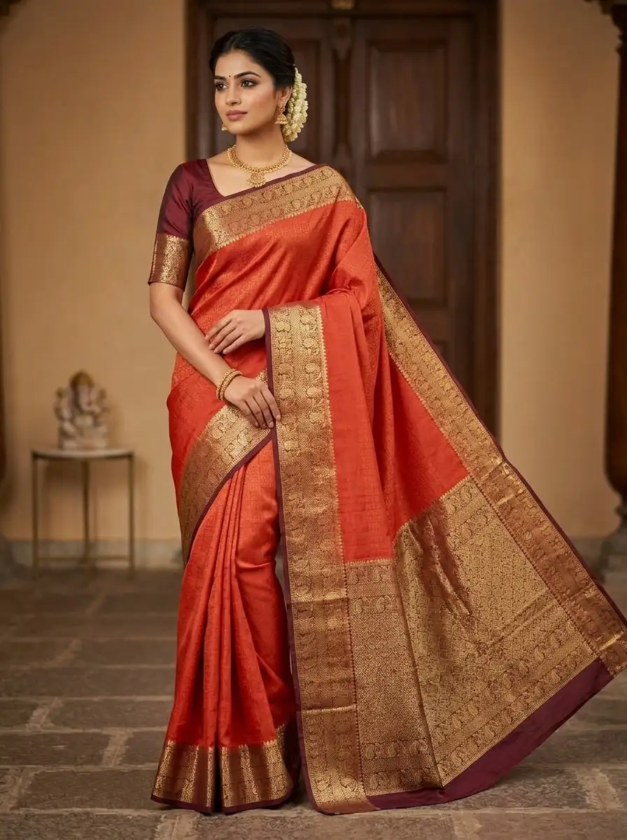 Rust Orange PURE GALA  GEORGETTE Kanchipuram Silk Saree