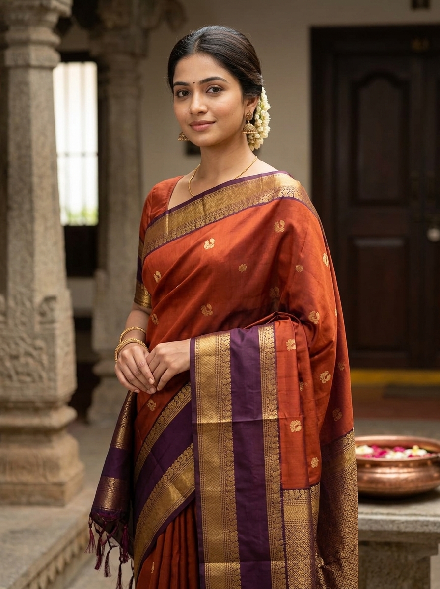 Kanchipuram Silk Saree featuring subtle buttis Silk