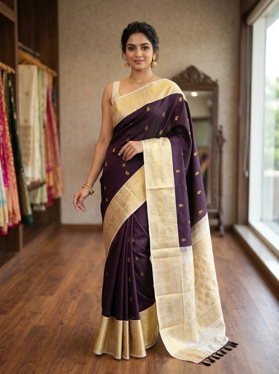 Wine Purple Kanjivaram Silk Saree with an Off-White
