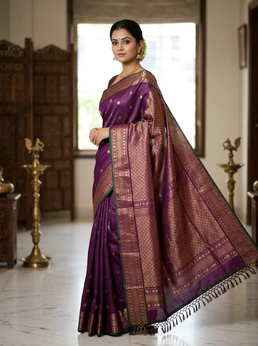 Majestic Purple Handloom Silk Saree with Rich Copper Zari Pallu