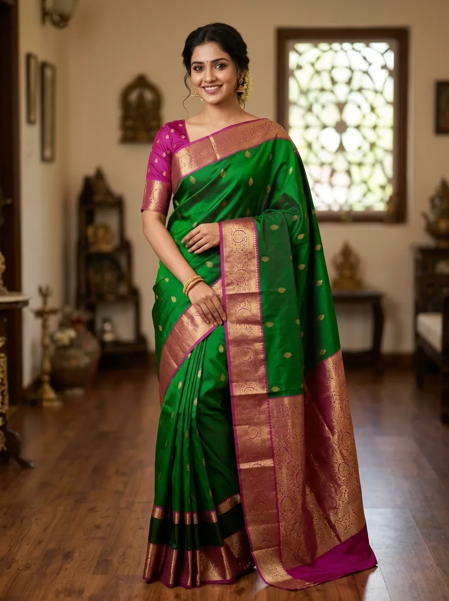 Emerald Green Magenta Pink with Golden Zari Saree
