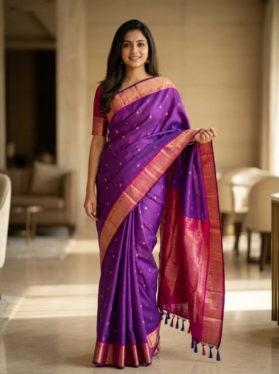 Elegant Violet Silk Saree with Contrast Pink Zari Woven Border