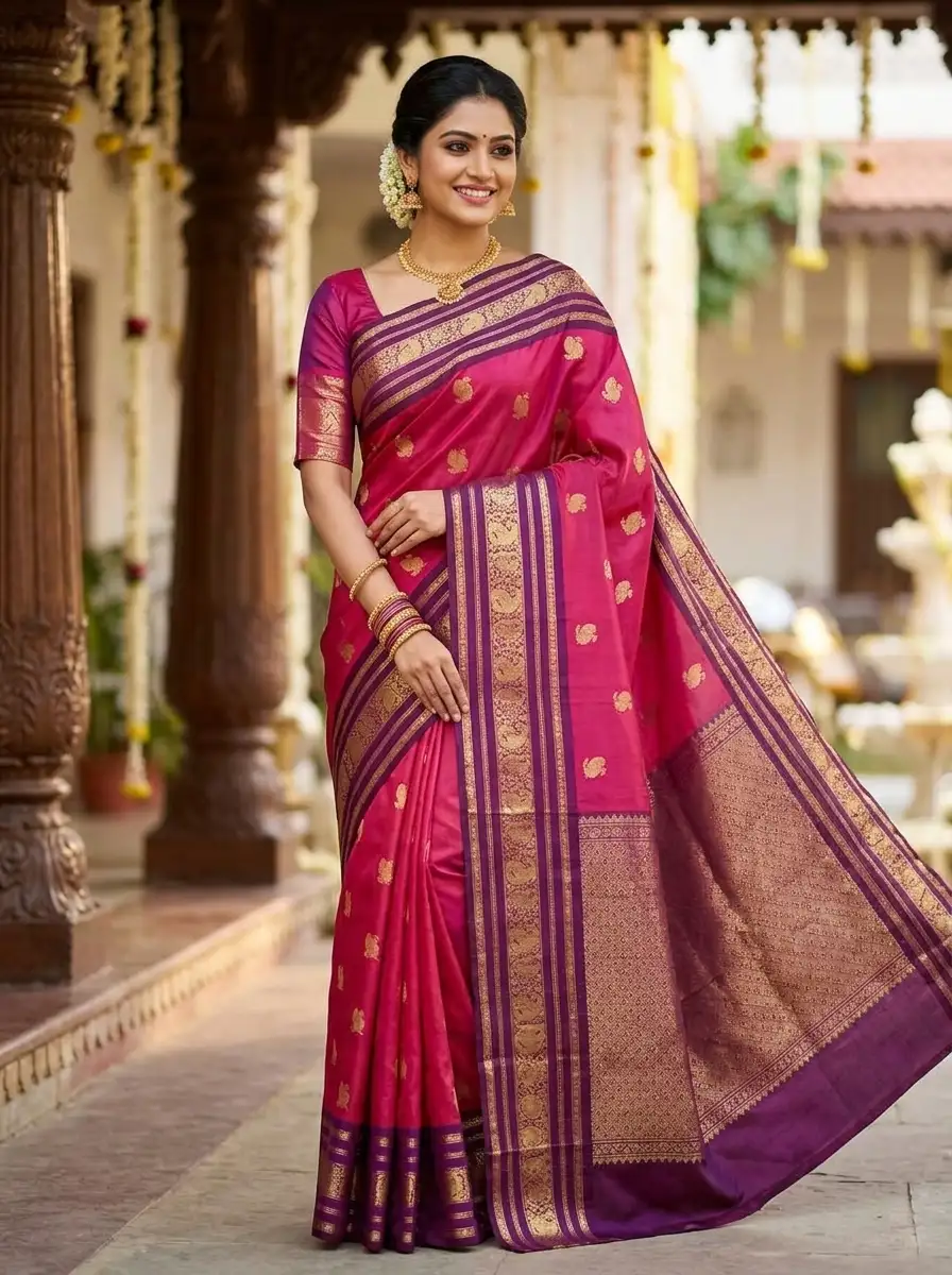 Violet-Purple and Bottle Green with Golden Zari Saree