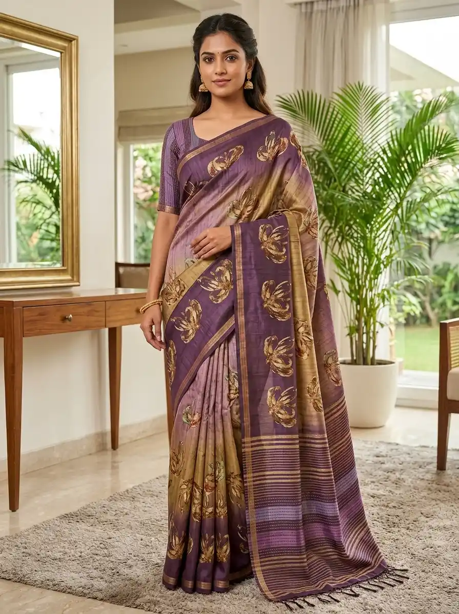Mauve Purple Tussar Silk Digital Floral Printed Saree