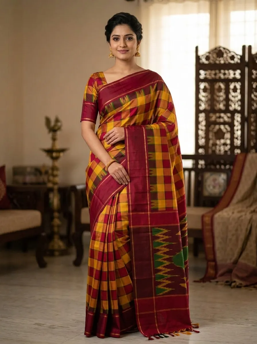 Heritage Checked Silk Saree with Temple Border and Traditional Weaving