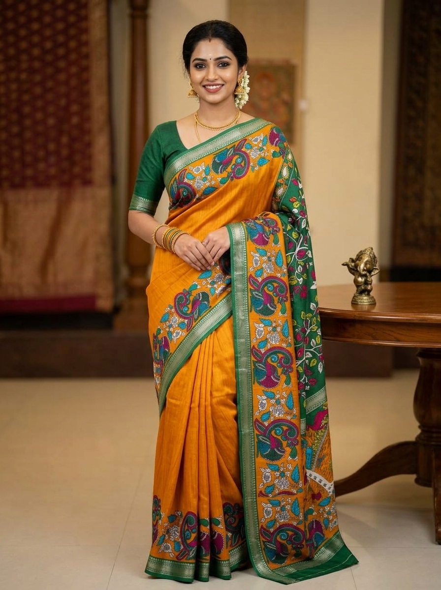 Mustard Yellow GALA GEORGETTE Kalamkari Silk Saree