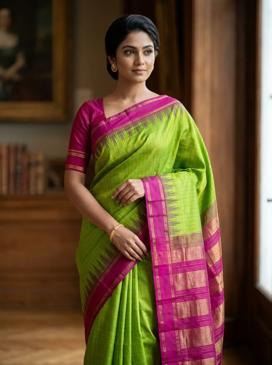 Classic Parrot Green Silk Saree with Contrast Pink Zari Border Design
