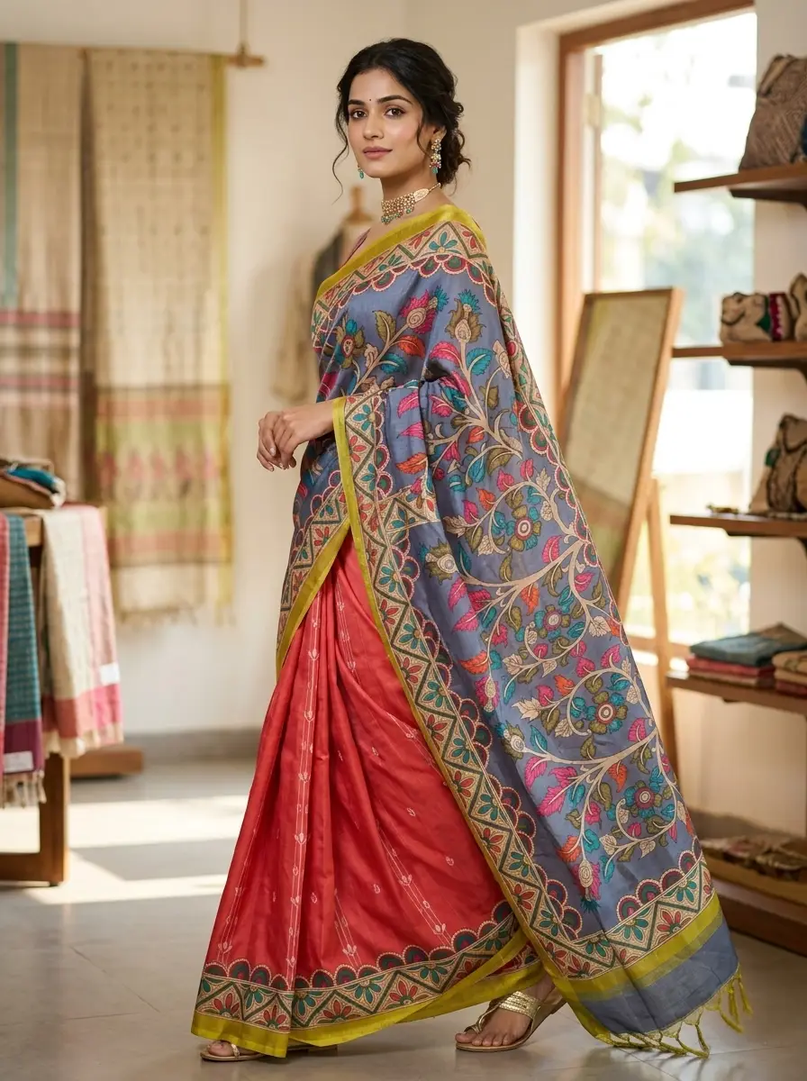 Grey Kalamkari Printed Pleat-Border & Pallu saree