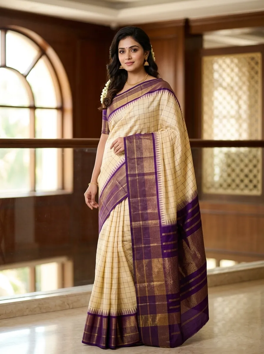 Premium Cream Silk Saree with Royal Purple Checked Border and Rich Pallu