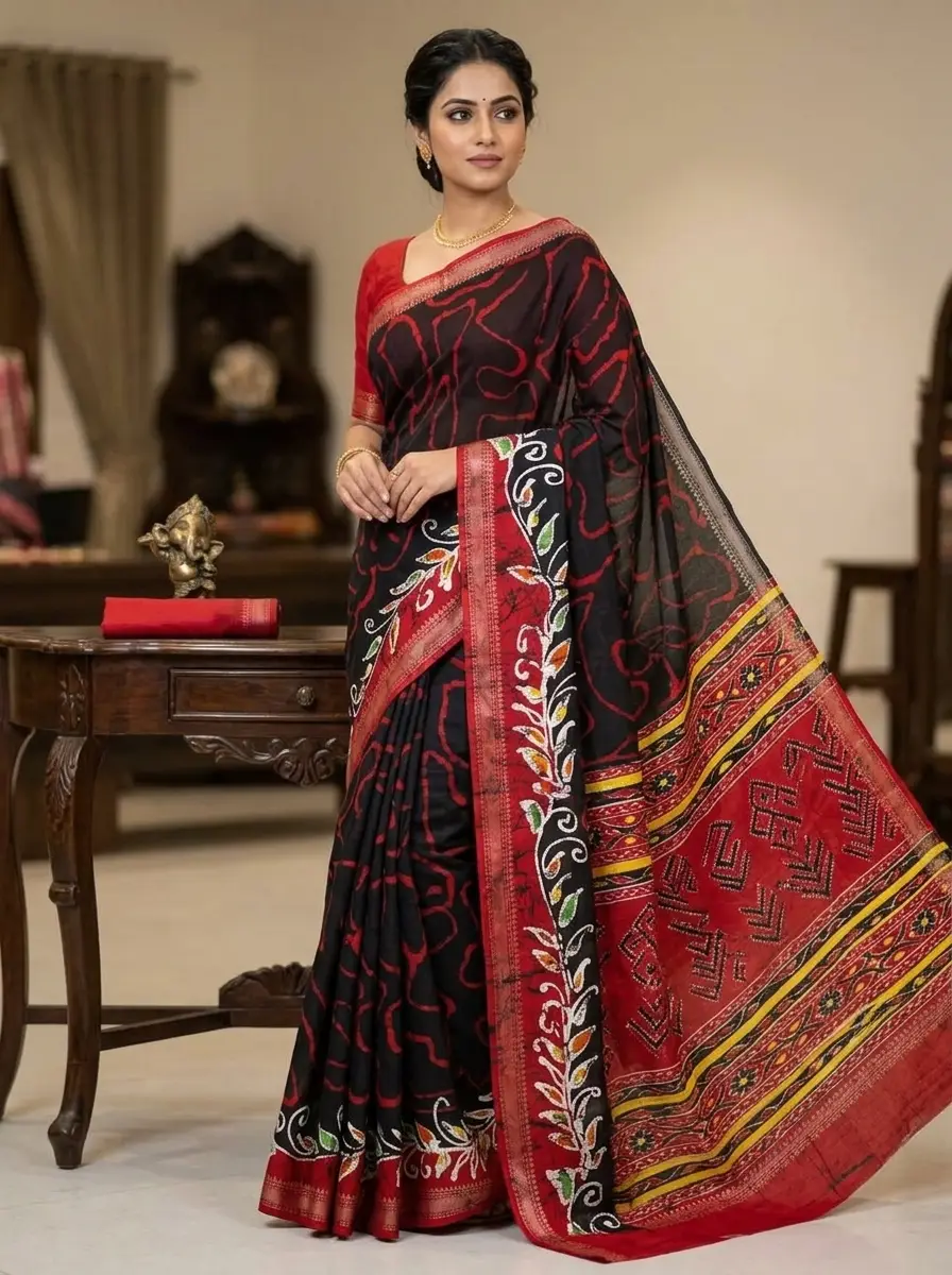 Jet Black Tussar GALA GEORGETTE Silk Saree