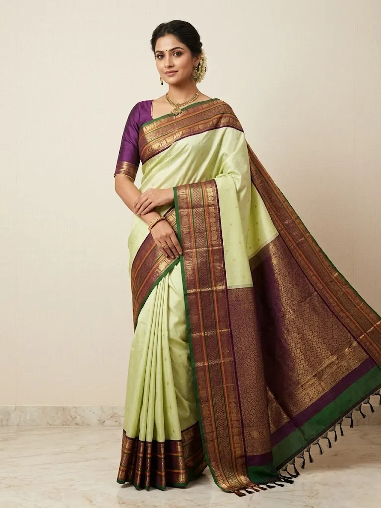 Mint Ivory Heritage Temple Border Saree