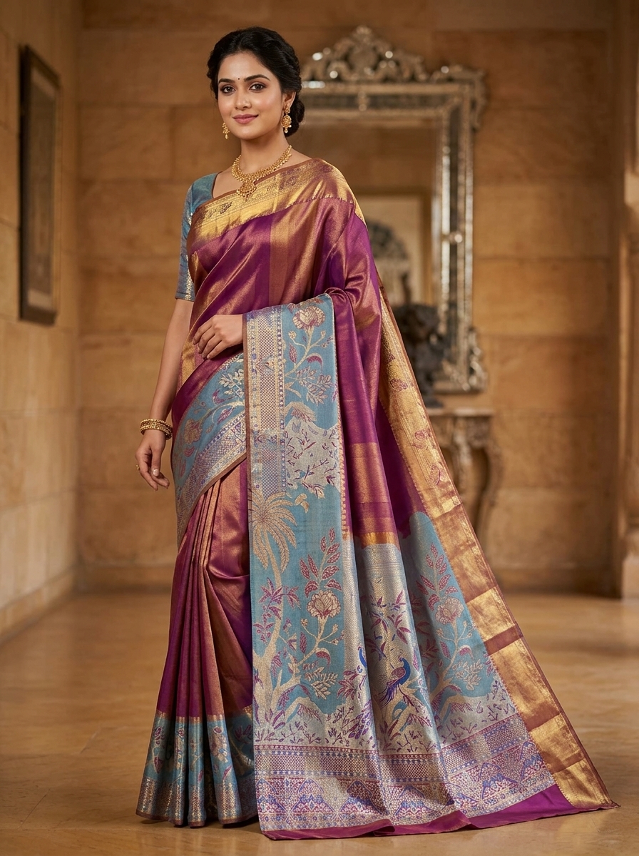 Multicolor Pink and Sky Blue Traditional Kanchipuram Silk Saree