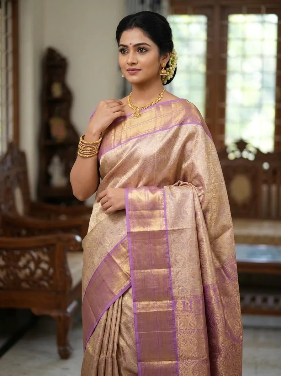 Golden Beige Kanchipuram Silk Saree – Gold & Lavender Purple