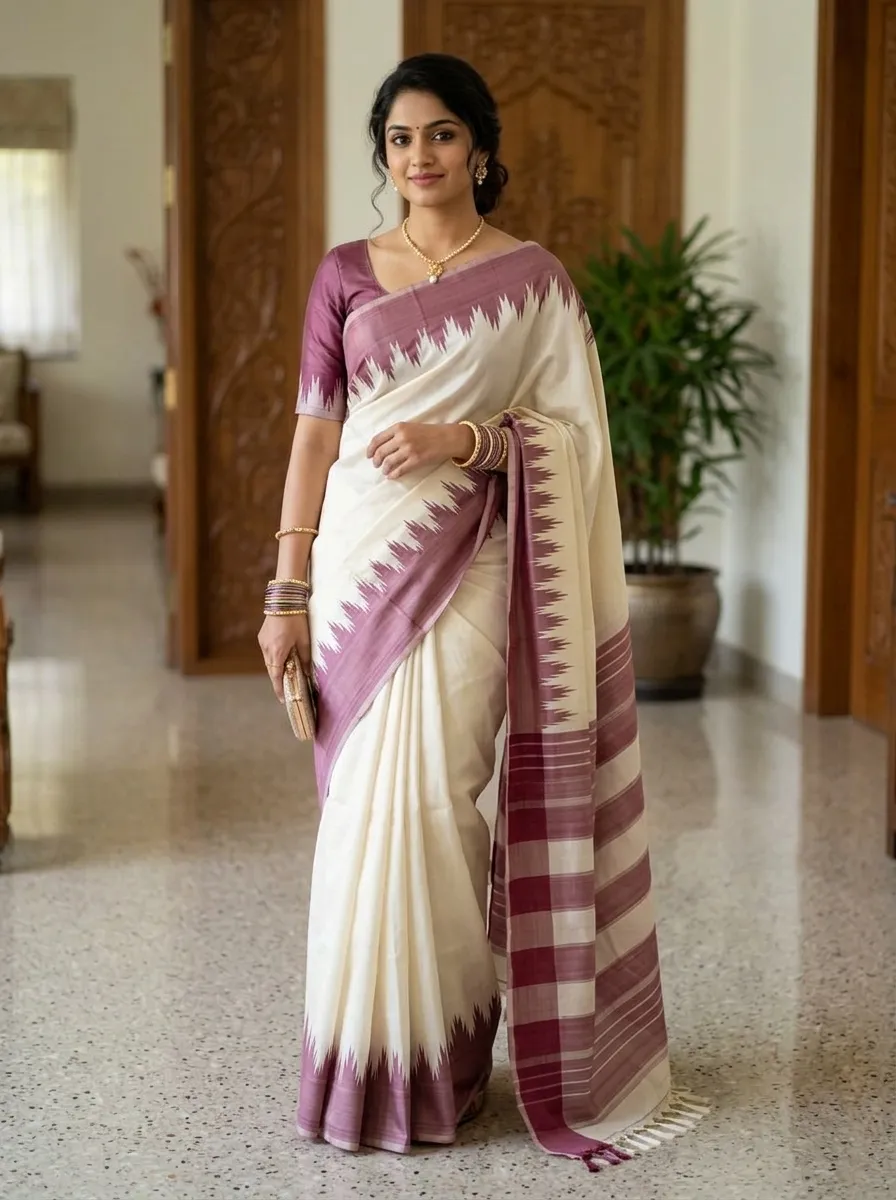Cream White with Dusty Mauve Border Kanchipuram Silk Saree