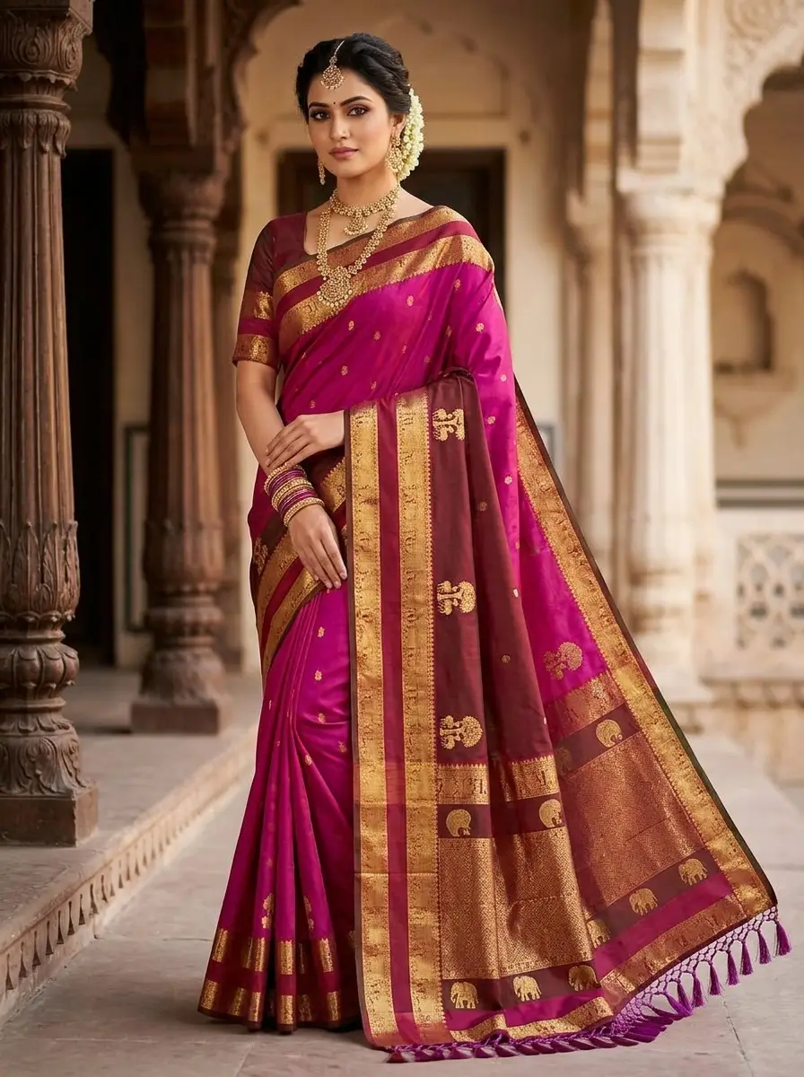 Magenta Pink and Wine Maroon Kancheepuram Silk Saree