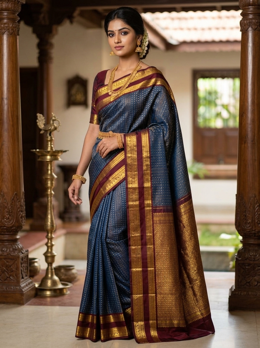 Deep Navy Blue Pure Kanchipuram Handloom Bridal Silk Saree